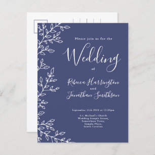 Minimal Leaf Navy Blue Wedding Invitation Postcard
