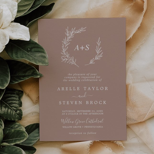 Minimal Leaf | Neutral Formal Monogram Wedding Invitation (Creator Uploaded)