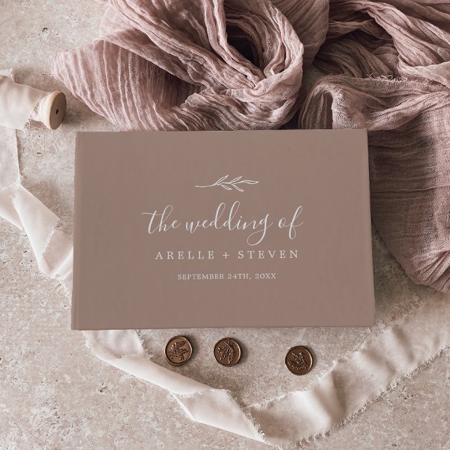 Minimal Leaf | Neutral Monogram Back Wedding Guest Book (Creator Uploaded)