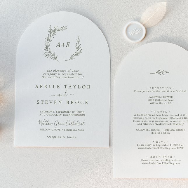 Minimal Leaf | Olive Green Arch All In One Wedding Invitation (Minimal Leaf | Olive Green Arch All In One Wedding Invitation)