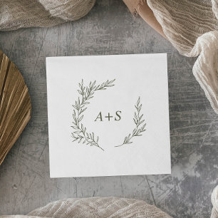 Minimal Leaf Olive Green Monogram Wedding Napkin