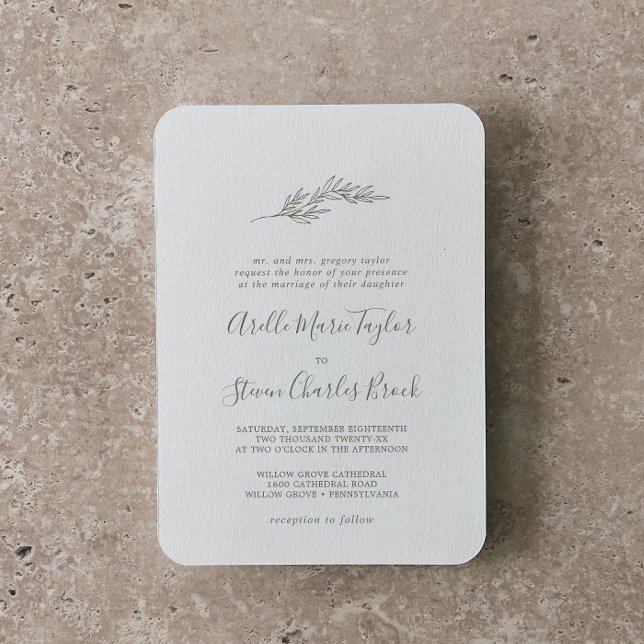 Minimal Leaf | Olive Green Traditional Wedding Invitation (Creator Uploaded)