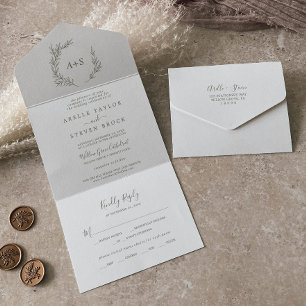Minimal Leaf   Olive Green Wedding All In One Invitation