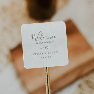 Minimal Leaf Olive Green Wedding Welcome Square Sticker