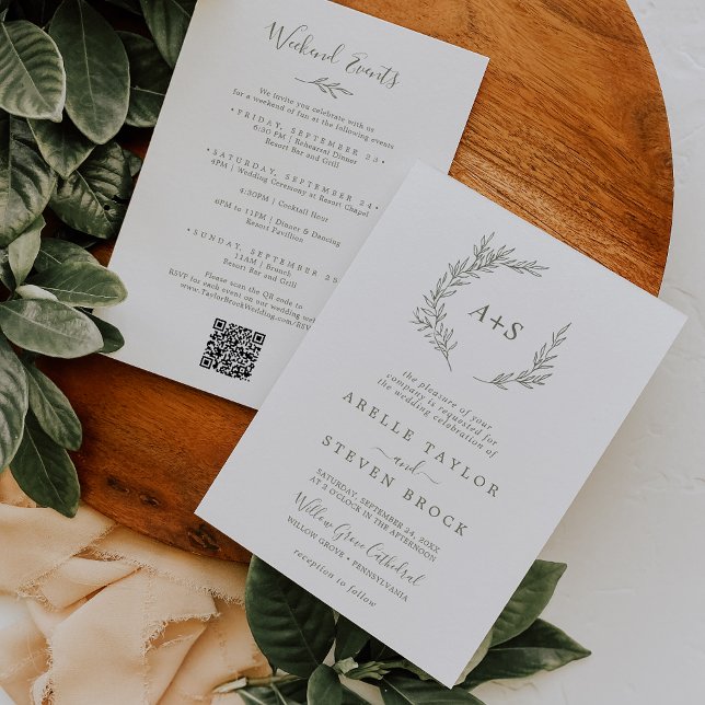 Minimal Leaf | Olive Green Weekend Events Wedding Invitation (Creator Uploaded)