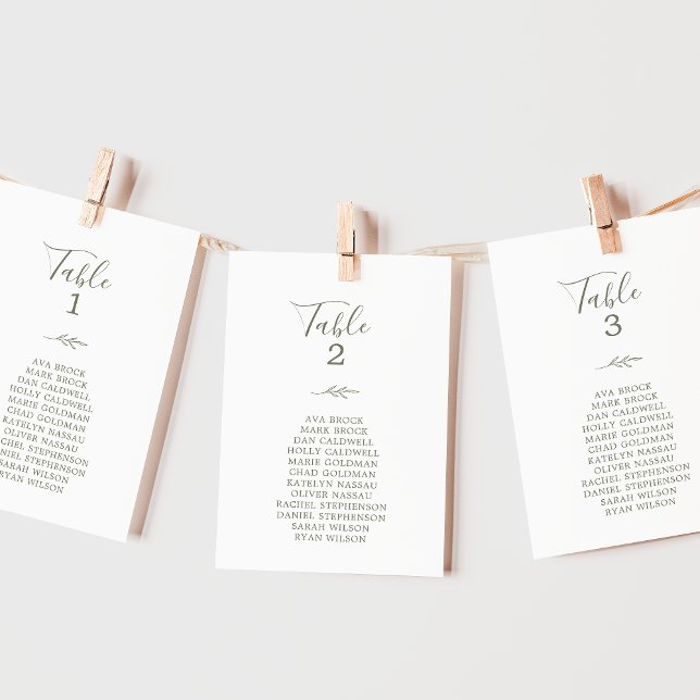 Minimal Leaf Olive Table Number Seating Chart Card (Creator Uploaded)