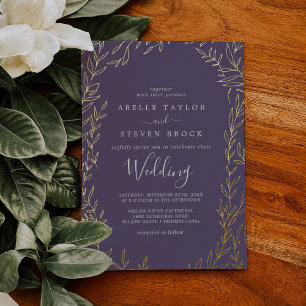 Minimal Leaf   Plum Purple and Gold Foil Wedding