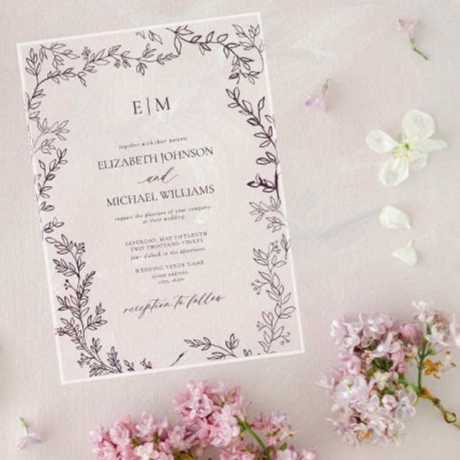 Minimal Leaf Plum Purple Elegant Monogram Wedding Acrylic Invitations (Creator Uploaded)