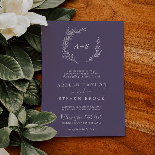 Minimal Leaf   Plum Purple Formal Monogram Wedding Invitation