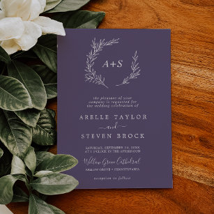 Minimal Leaf   Plum Purple Formal Monogram Wedding Invitation