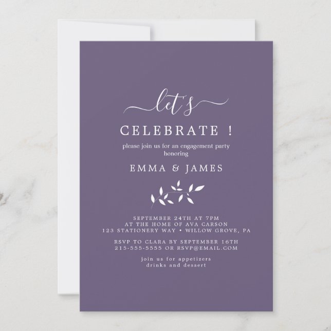 Minimal Leaf | Plum Purple "Let's Celebrate"  Invitation (Front)