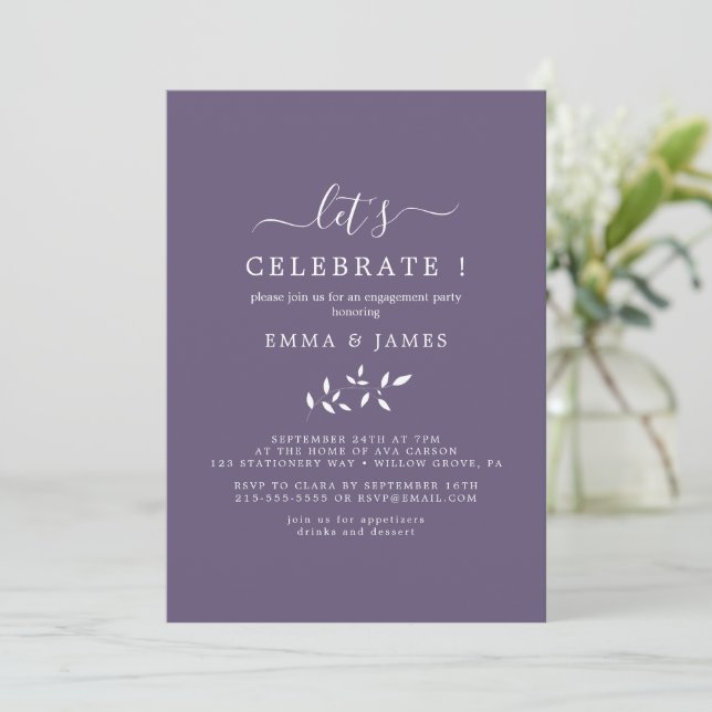 Minimal Leaf | Plum Purple "Let's Celebrate"  Invitation (Standing Front)