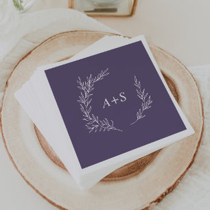 Minimal Leaf Plum Purple Monogram Wedding Napkins