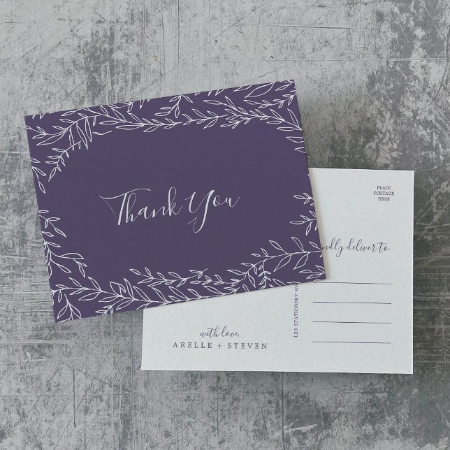Minimal Leaf | Plum Purple Thank You Postcard (Creator Uploaded)