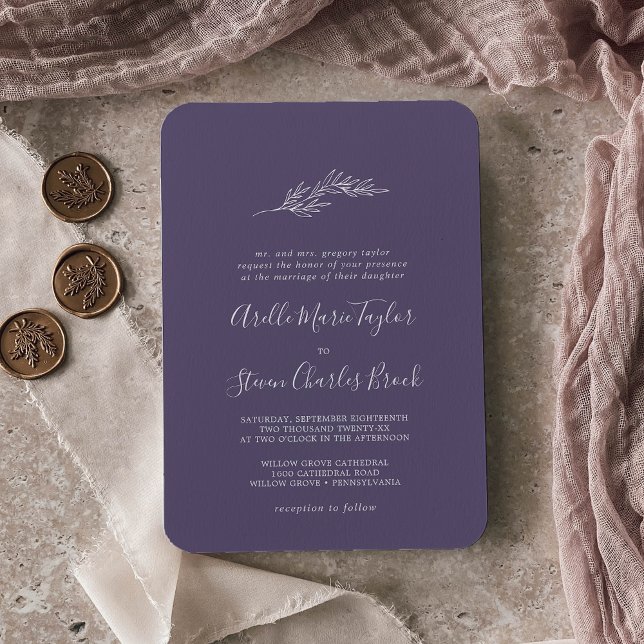 Minimal Leaf | Plum Purple Traditional Wedding Invitation (Creator Uploaded)