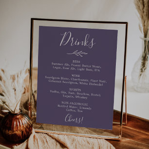 Minimal Leaf Plum Purple Wedding Drinks Menu Poster