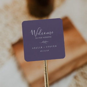 Minimal Leaf   Plum Purple Wedding Welcome Square Sticker