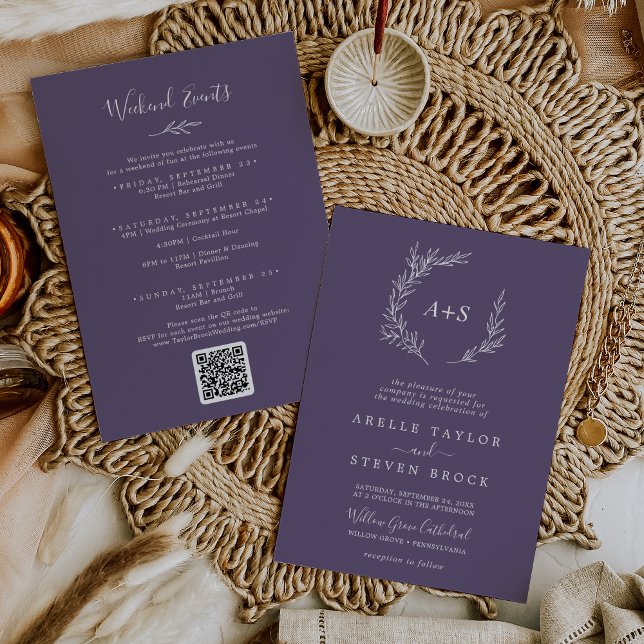 Minimal Leaf | Plum Purple Weekend Events Wedding Invitation (Creator Uploaded)