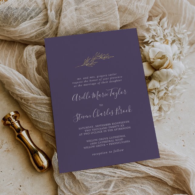 Minimal Leaf Purple Gold Foil Traditional Wedding (Creator Uploaded)