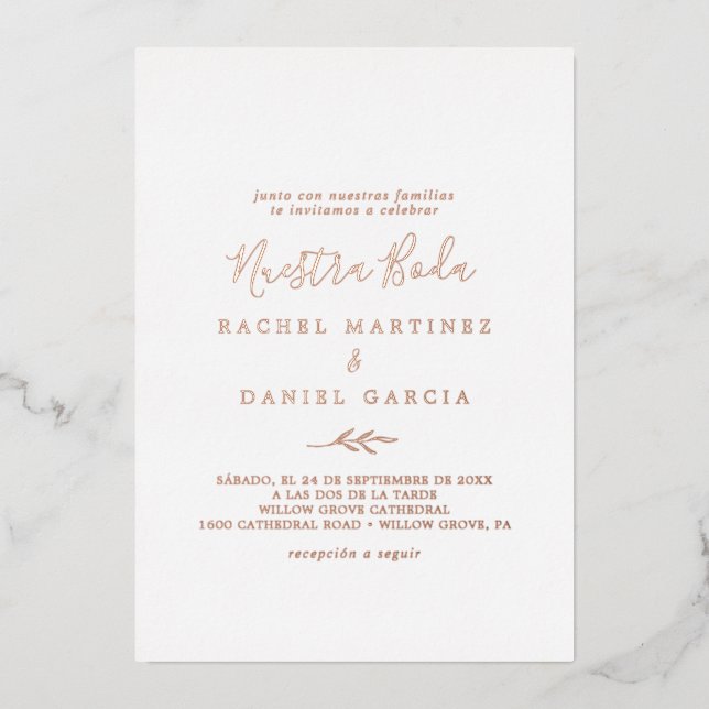Minimal Leaf | Rose Gold Foil Spanish Nuestra Boda (Front)