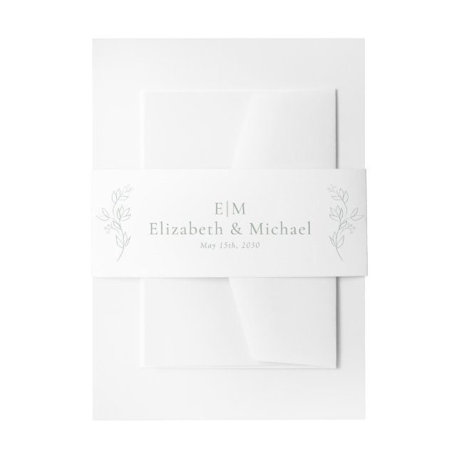 Minimal Leaf Sage Green Elegant Monogram Wedding Invitation Belly Band (Front Example)
