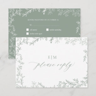 Minimal Leaf Sage Green Elegant Monogram Wedding RSVP Card