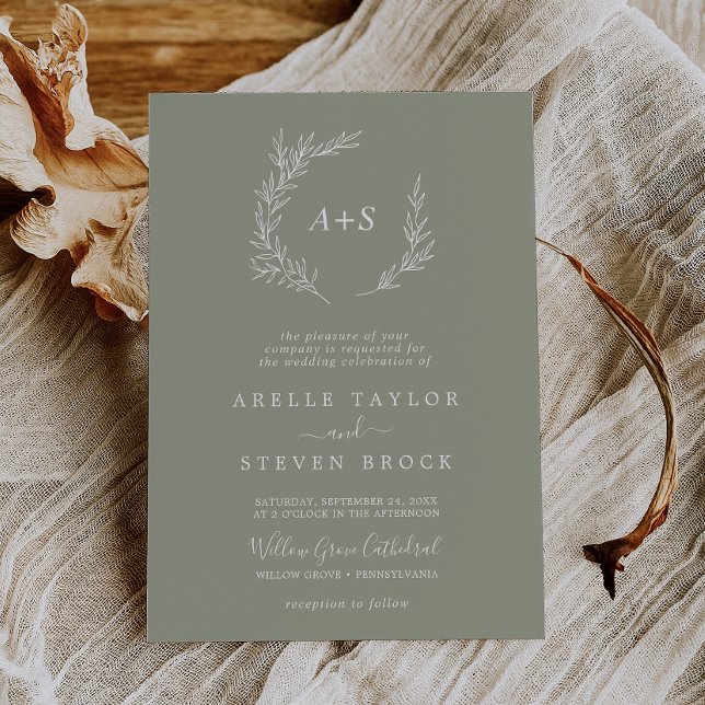 Minimal Leaf | Sage Green Formal Monogram Wedding Invitation (Creator Uploaded)