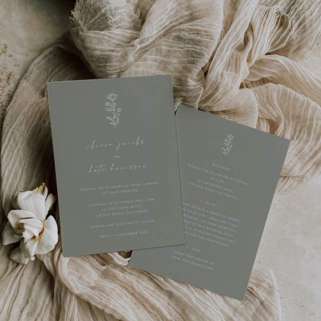 Minimal Leaf Sage Green Front & Back Wedding Invitation (Creator Uploaded)