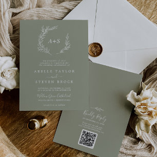 Minimal Leaf   Sage Green Monogram QR Code Wedding Invitation