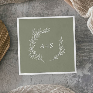 Minimal Leaf   Sage Green Monogram Wedding Napkin