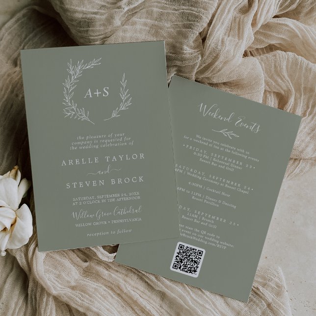 Minimal Leaf | Sage Green Weekend Events Wedding Invitation (Creator Uploaded)