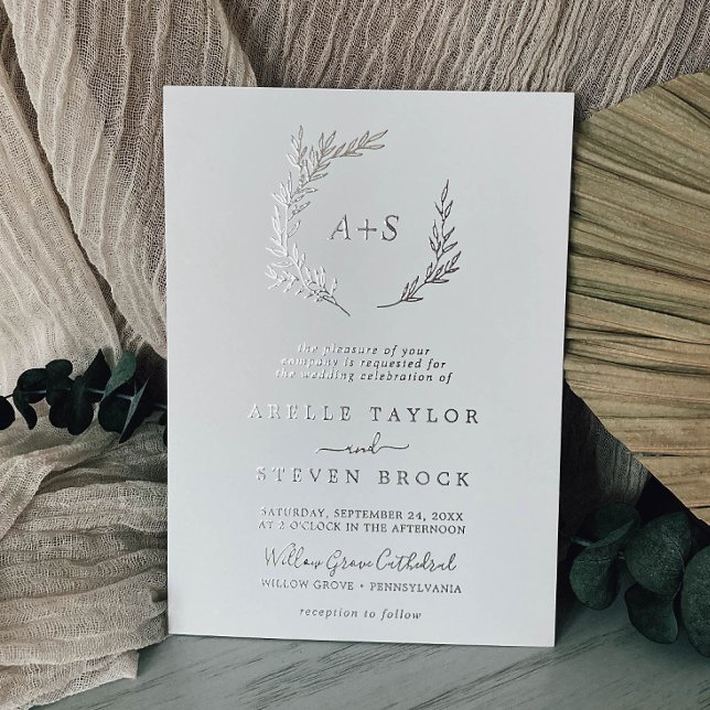 Minimal Leaf | Silver Foil Formal Monogram Wedding (Creator Uploaded)
