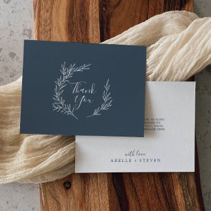 Minimal Leaf Slate Blue Flat Thank You Card