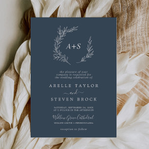 Minimal Leaf Slate Blue Formal Monogram Wedding Invitation