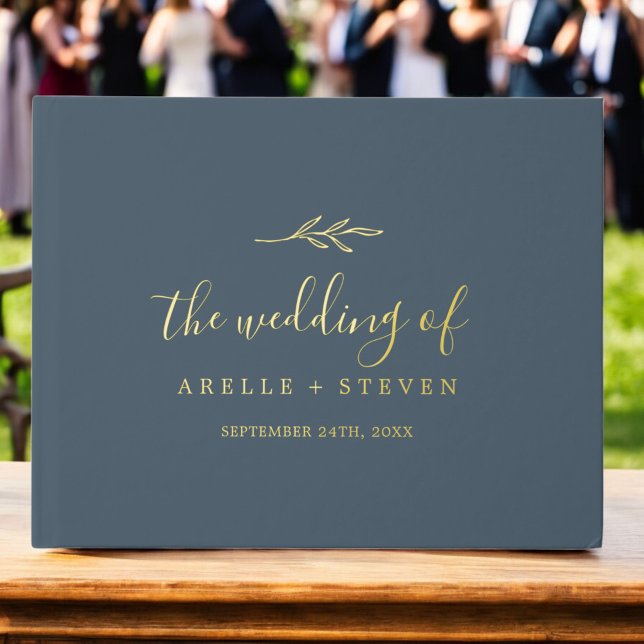 Minimal Leaf Slate Blue Gold Foil Monogram Wedding Guest Book (Minimal Leaf Slate Blue Gold Foil Monogram Wedding Foil Guest Book)
