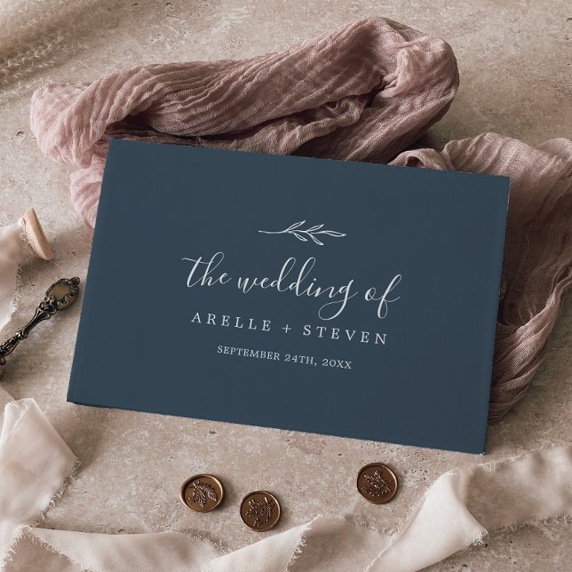 Minimal Leaf | Slate Blue Monogram Back Wedding Guest Book (Creator Uploaded)