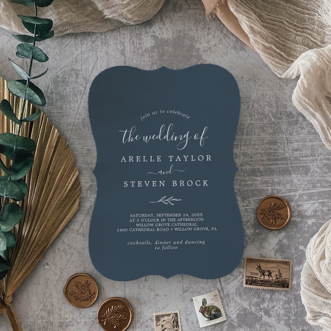 Minimal Leaf | Slate Blue Monogram Back Wedding Invitation (Creator Uploaded)