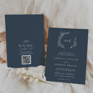 Minimal Leaf   Slate Blue Monogram QR Code Wedding Invitation