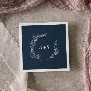 Minimal Leaf   Slate Blue Monogram Wedding Napkins