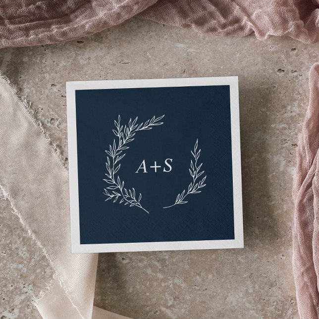 Minimal Leaf | Slate Blue Monogram Wedding Napkins (Creator Uploaded)