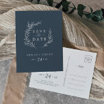 Minimal Leaf | Slate Blue Save the Date Invitation Postcard<br><div class="desc">This minimal leaf slate blue save the date postcard is perfect for an elegant wedding. The design features a simple greenery silhouette in a dark grey blue with classic minimalist style.</div>