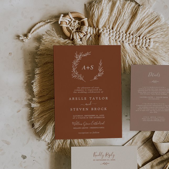Minimal Leaf | Terracotta Formal Monogram Wedding Invitation (Creator Uploaded)