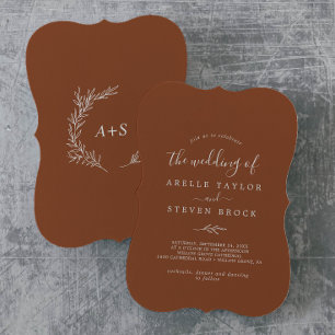 Minimal Leaf Terracotta Monogram Back Wedding Invitation