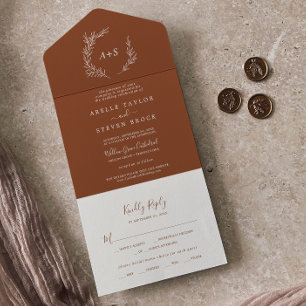 Minimal Leaf Terracotta Wedding All In One Invitation