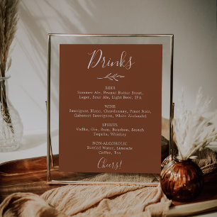 Minimal Leaf Terracotta Wedding Drinks Menu Poster