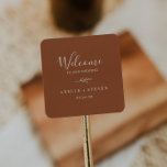 Minimal Leaf | Terracotta Wedding Welcome Square Sticker<br><div class="desc">These minimal leaf terracotta wedding welcome stickers are perfect for a boho wedding. The design features a simple greenery leaf silhouette in earthy burnt orange with minimalist desert bohemian style. Personalise these stickers with the location of your wedding, names, and wedding date. These labels are perfect for destination weddings and...</div>