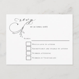 Minimal Leafy Black Script typography Wedding RSVP Postcard