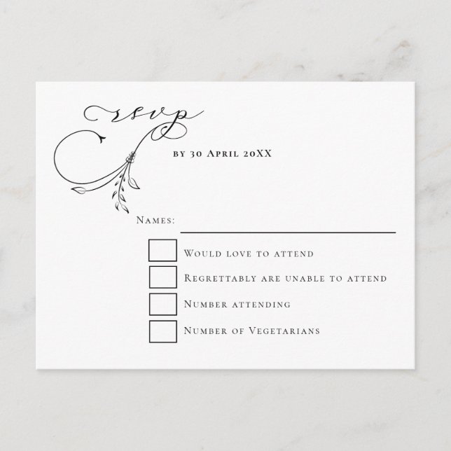 Minimal Leafy Black Script typography Wedding RSVP Postcard (Front)