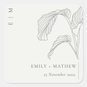 Minimal Leafy Palm Sketch Black White Wedding Square Sticker