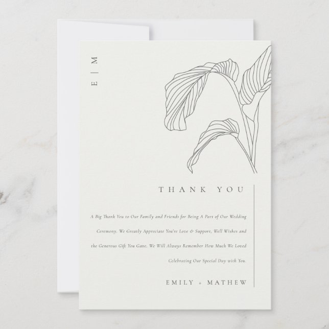 Minimal Leafy Palm Sketch Black White Wedding Thank You Card (Front)